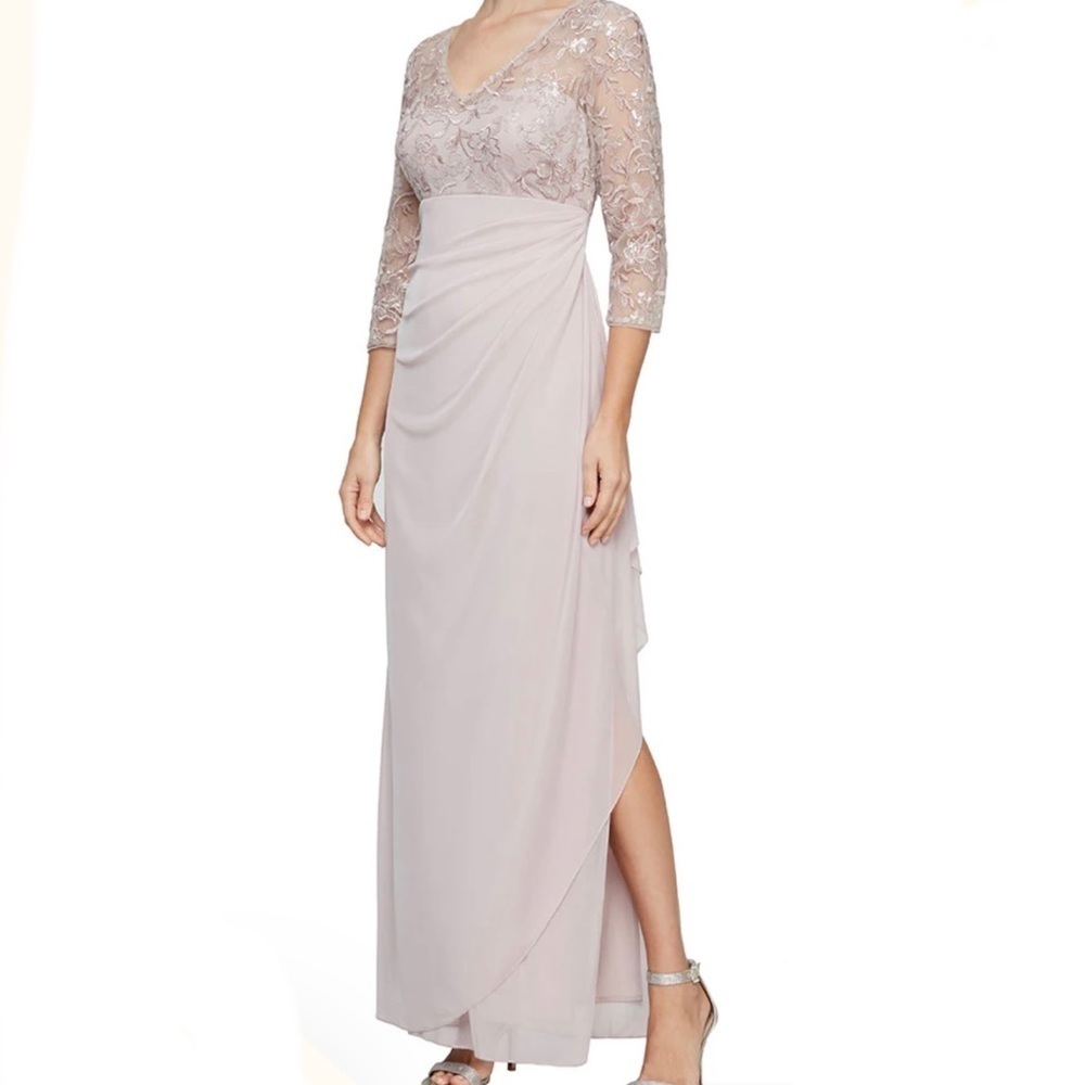 Alex Evenings Long V Neck Empire Waist Cascade Ruffle Faded Rose Size 4